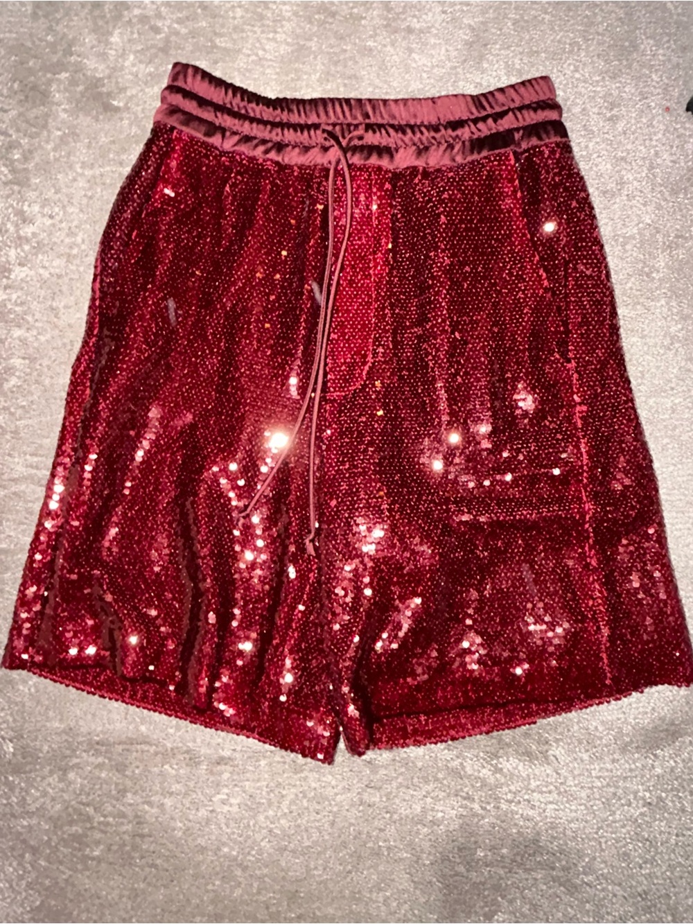Red Sequin Drawstring Shorts - Picture 2 of 4